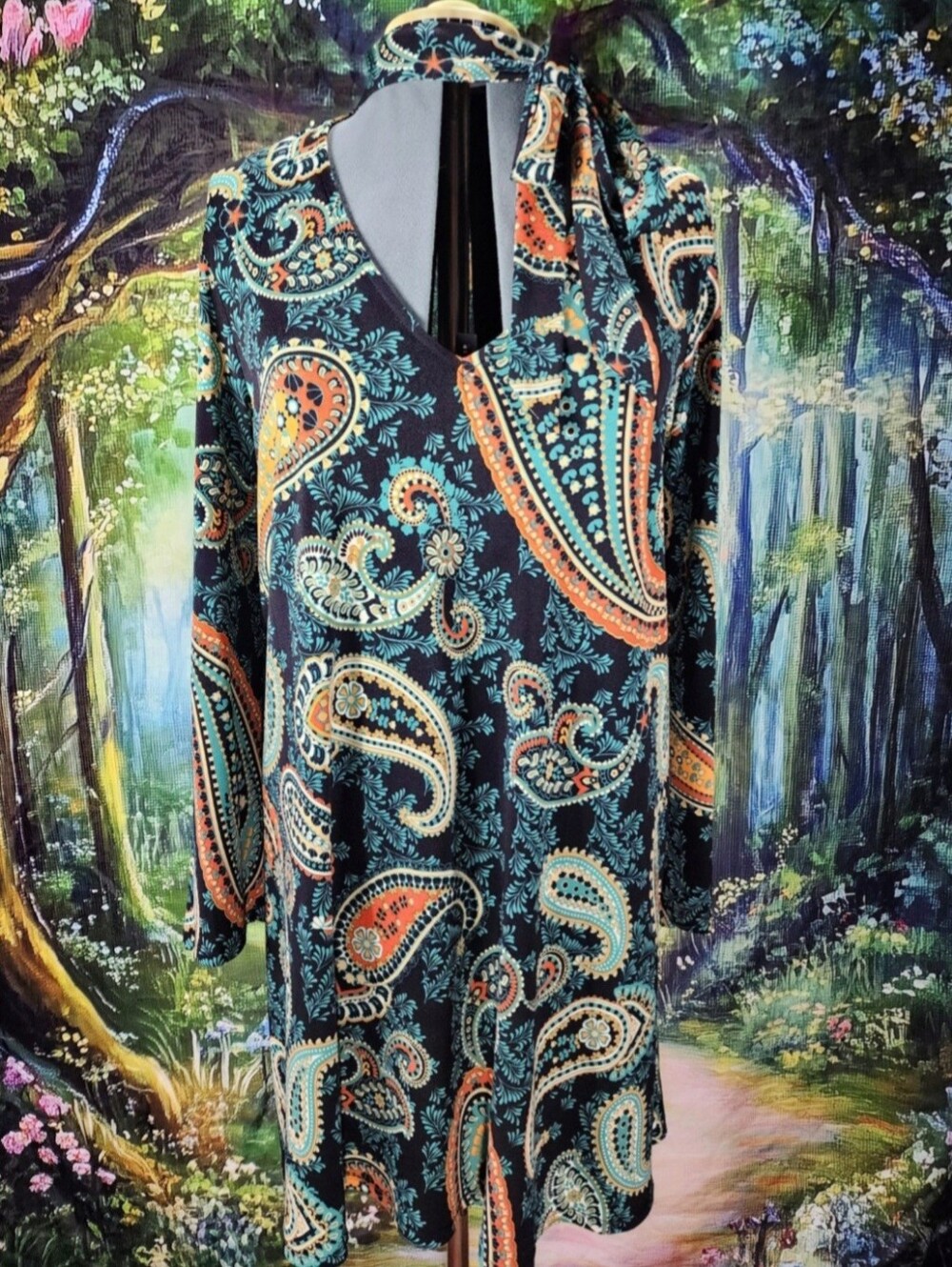 BEIGE By ECI Boho Paisley 70s Flare Sleeve Shift Dress Attached Scarf Neck Tie L